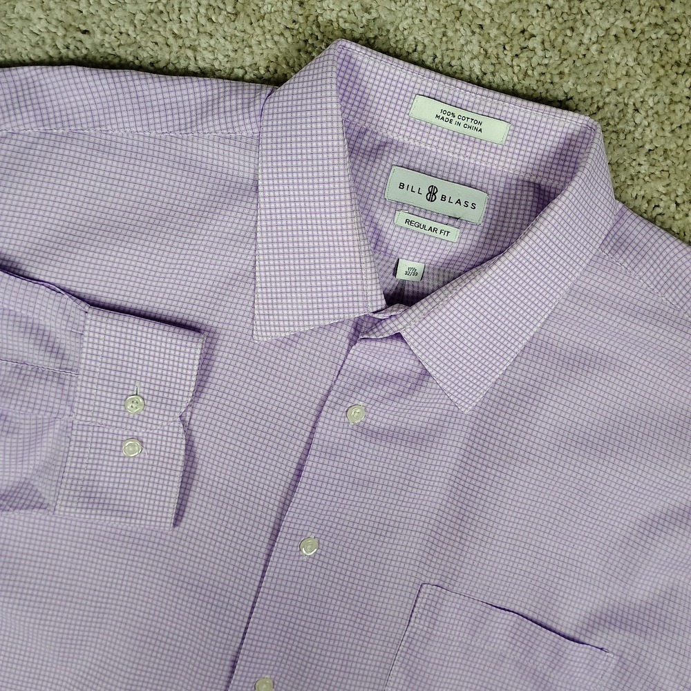 Bill Blass Mens 17.5 32/33 Lavender Micro  Check Dress Shirt Cotton Regular‎ Fit